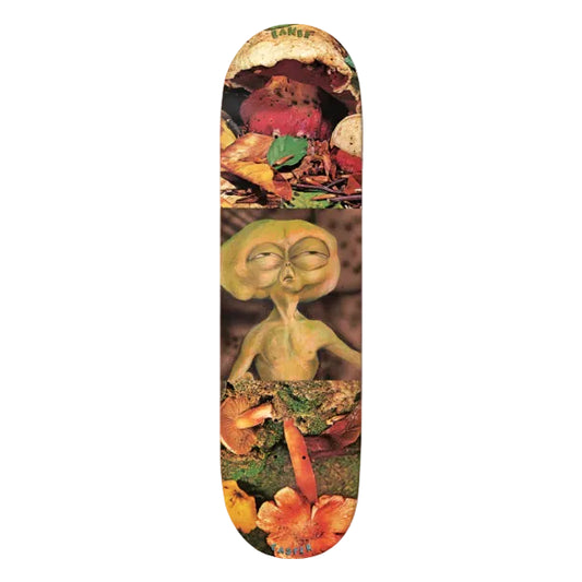 Skateboard deck with a design of an alien and mushrooms on a white background