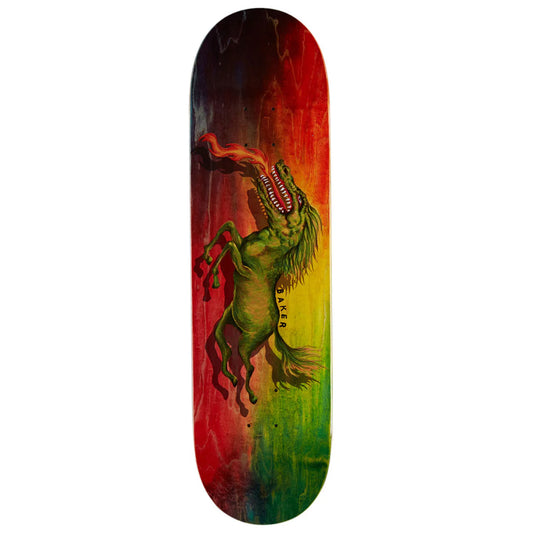 A skateboard deck featuring a green rearing dinosaur graphic against a vibrant red, yellow, and green gradient background, isolated on a white studio background.