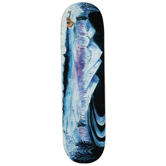 A skateboard deck featuring an abstract, painterly design with a central figure in shades of blue, white, and purple against a dark background.