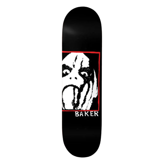 Black skateboard deck with a graphic design and 'Baker' branding on a white background