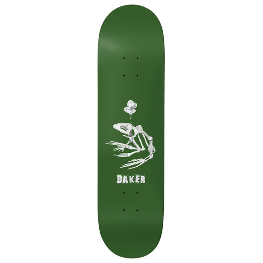 Green skateboard deck with white skeleton frog design and 'Baker' branding on a white background