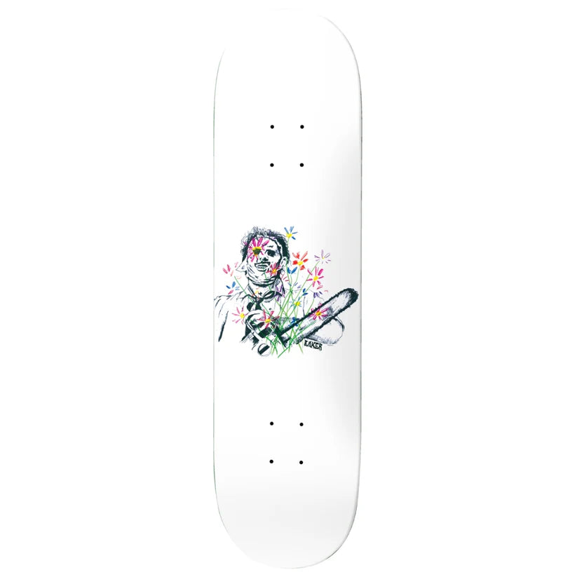 Skateboard deck with a colorful design of a skull and flowers on a white background