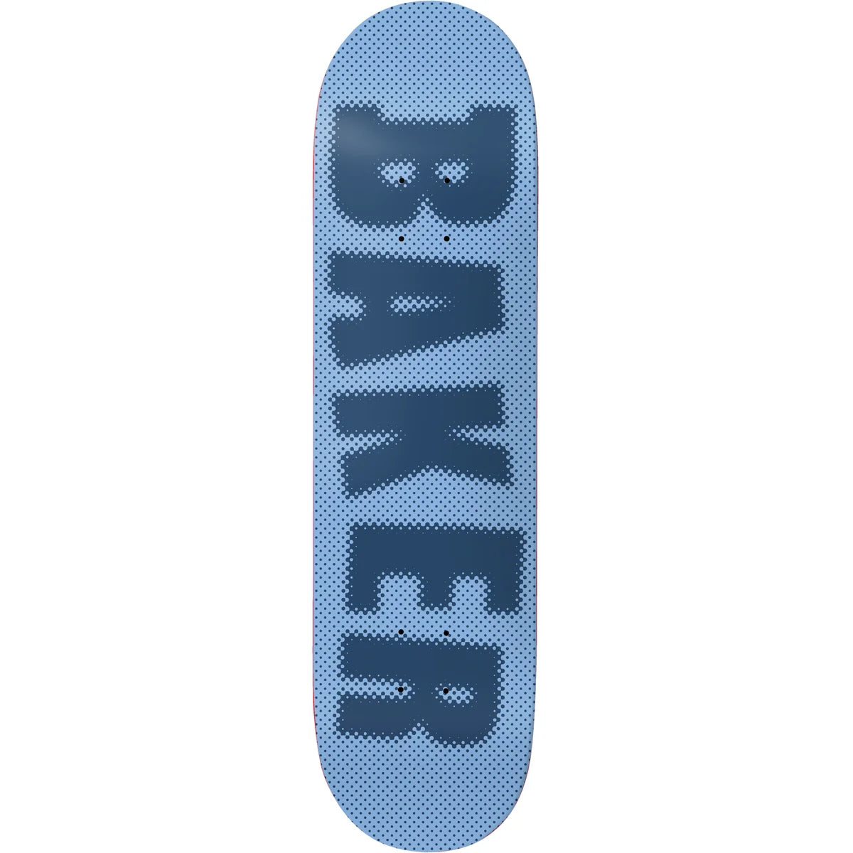 A light blue skateboard deck with the word 'BAKER' printed vertically in dark navy blue letters over a halftone pattern, shown against a plain white background.