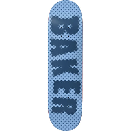 A light blue skateboard deck with the word 'BAKER' printed vertically in dark navy blue letters over a halftone pattern, shown against a plain white background.