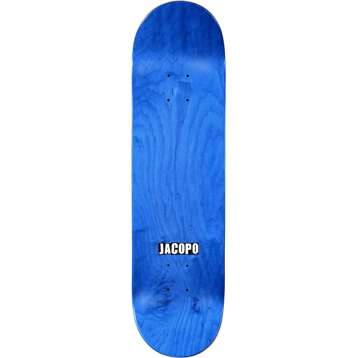 A skateboard deck shown from the underside, featuring a vibrant blue wood grain finish with the brand name 'JACOPO' printed in white with a black outline near the center.