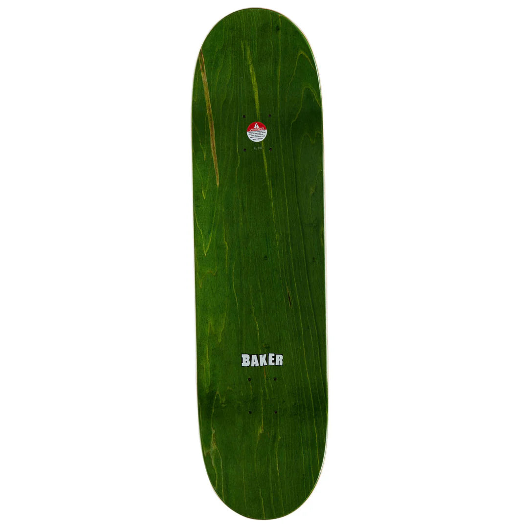 A green wooden skateboard deck with visible wood grain, featuring a small red and white logo near the top and the word 'BAKER' printed in white near the bottom, shown against a plain white background.