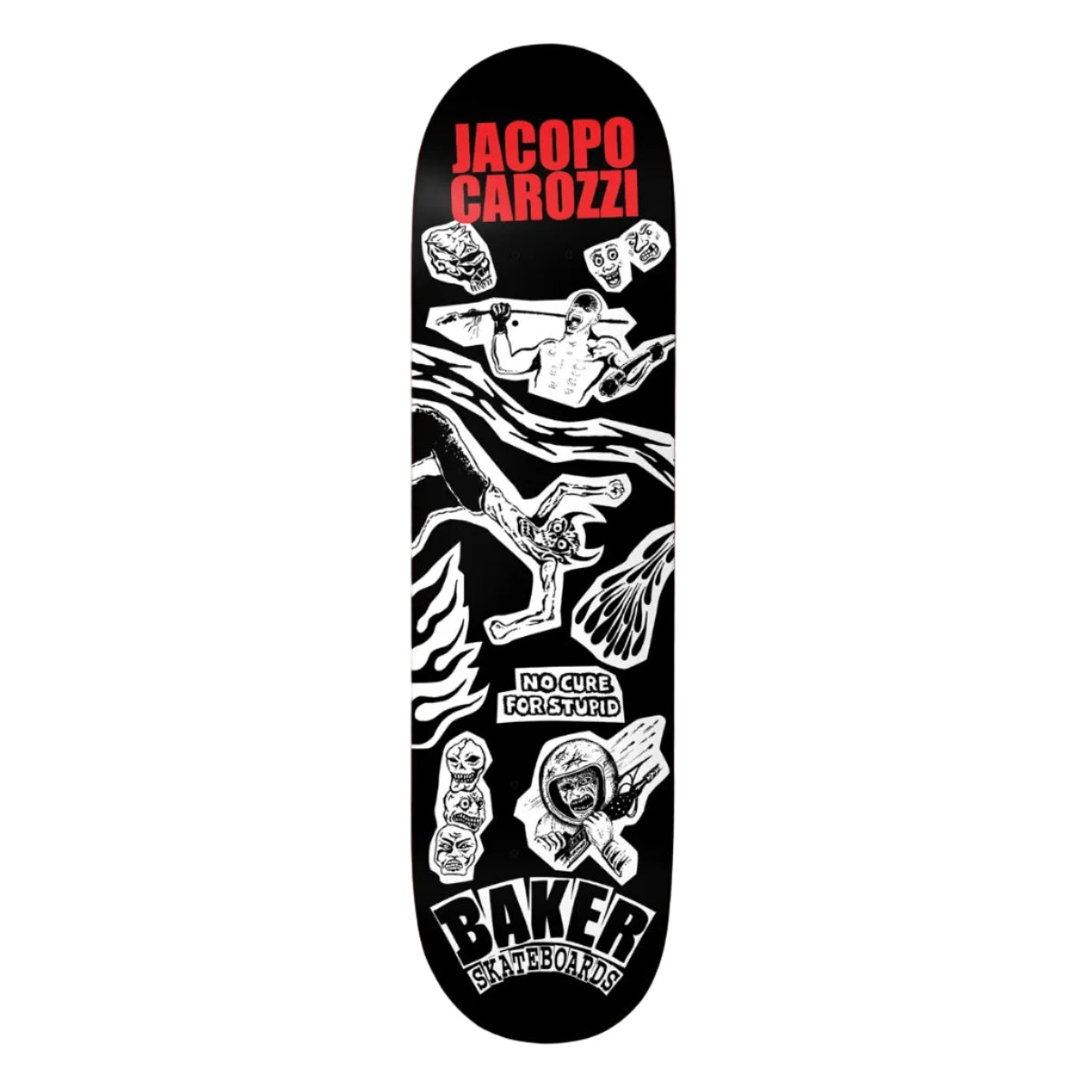 Skateboard deck with graphics and text on a white background