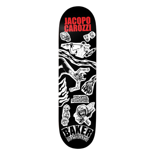 Skateboard deck with graphics and text on a white background