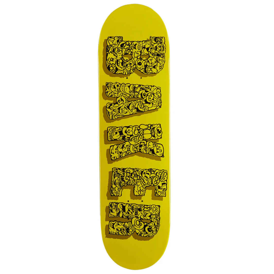 A skateboard deck with a bright yellow background and bold black graphic lettering spelling 'VIRGIN' filled with cartoon skull and face illustrations, shown against a plain white background.