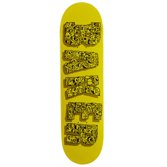 A skateboard deck with a bright yellow background and bold black graphic lettering spelling 'VIRGIN' filled with cartoon skull and face illustrations, shown against a plain white background.