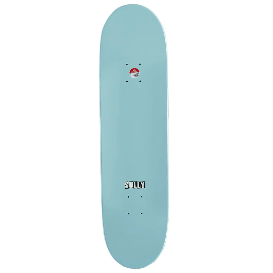 A light blue skateboard deck shown vertically against a plain white background, featuring the SULLY brand name printed in black near the bottom.