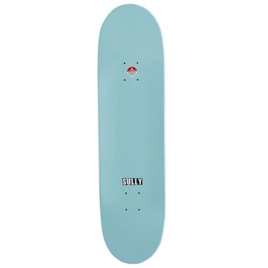 A light blue skateboard deck shown vertically against a plain white background, featuring the SULLY brand name printed in black near the bottom.