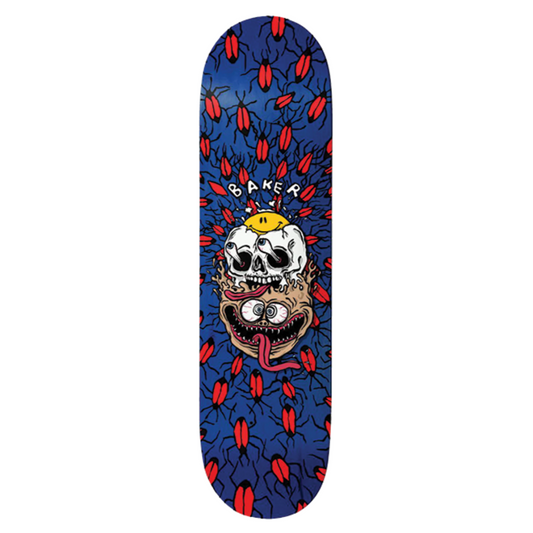 Skateboard deck with a skull and red insect design on a blue background