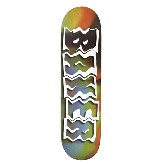Skateboard deck with colorful pattern on a white background