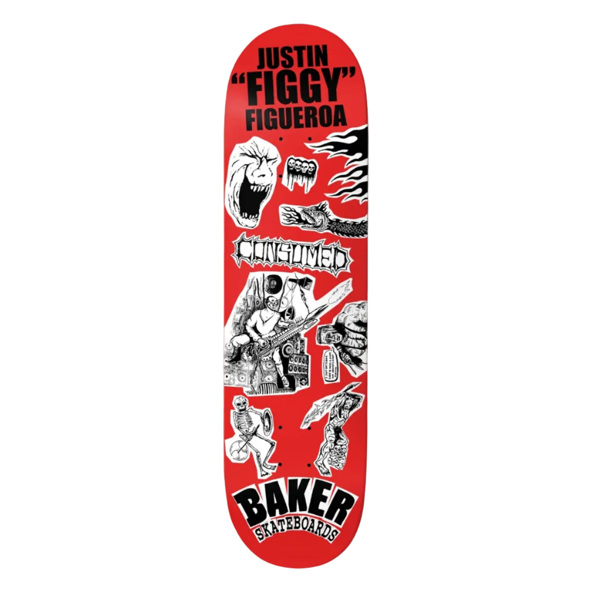 Skateboard deck with graphics and text on a red background