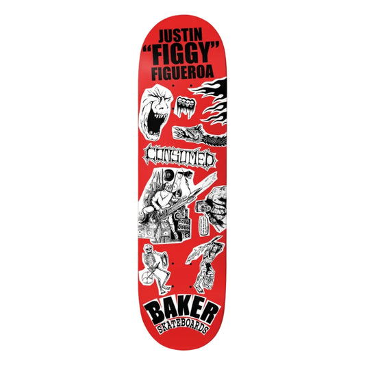 Skateboard deck with graphics and text on a red background