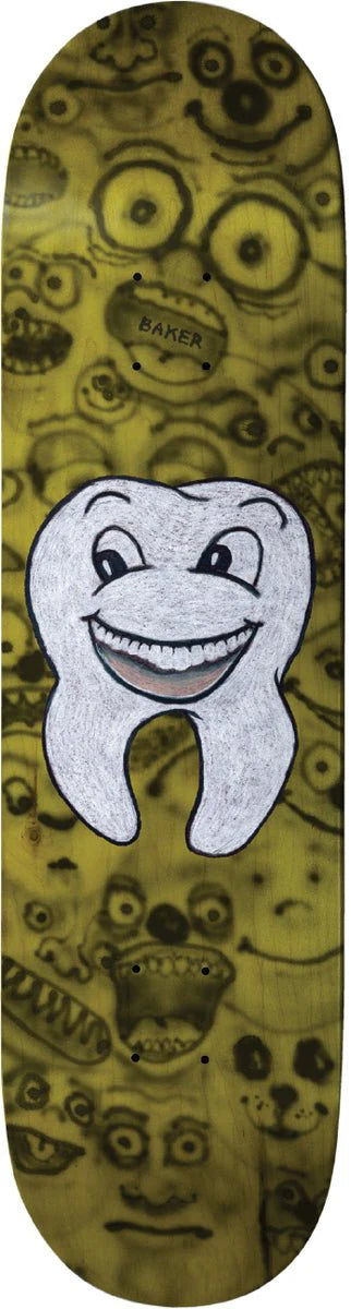 Skateboard deck with a smiling tooth design on a patterned background