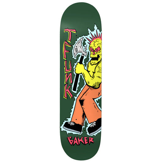 Skateboard deck with a graphic design of a character holding a sickle and the word 'Tink' on a green background.
