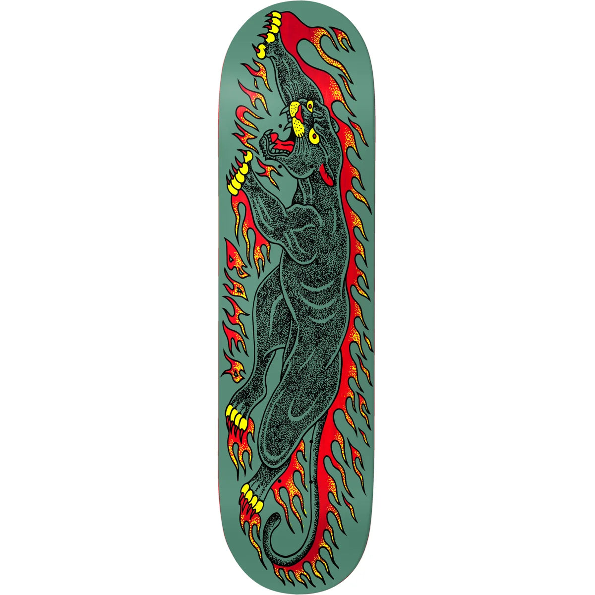 A skateboard deck featuring a detailed graphic of a black panther surrounded by red and orange flames on a muted teal-green background.