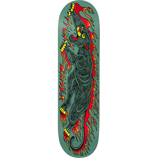 A skateboard deck featuring a detailed graphic of a black panther surrounded by red and orange flames on a muted teal-green background.
