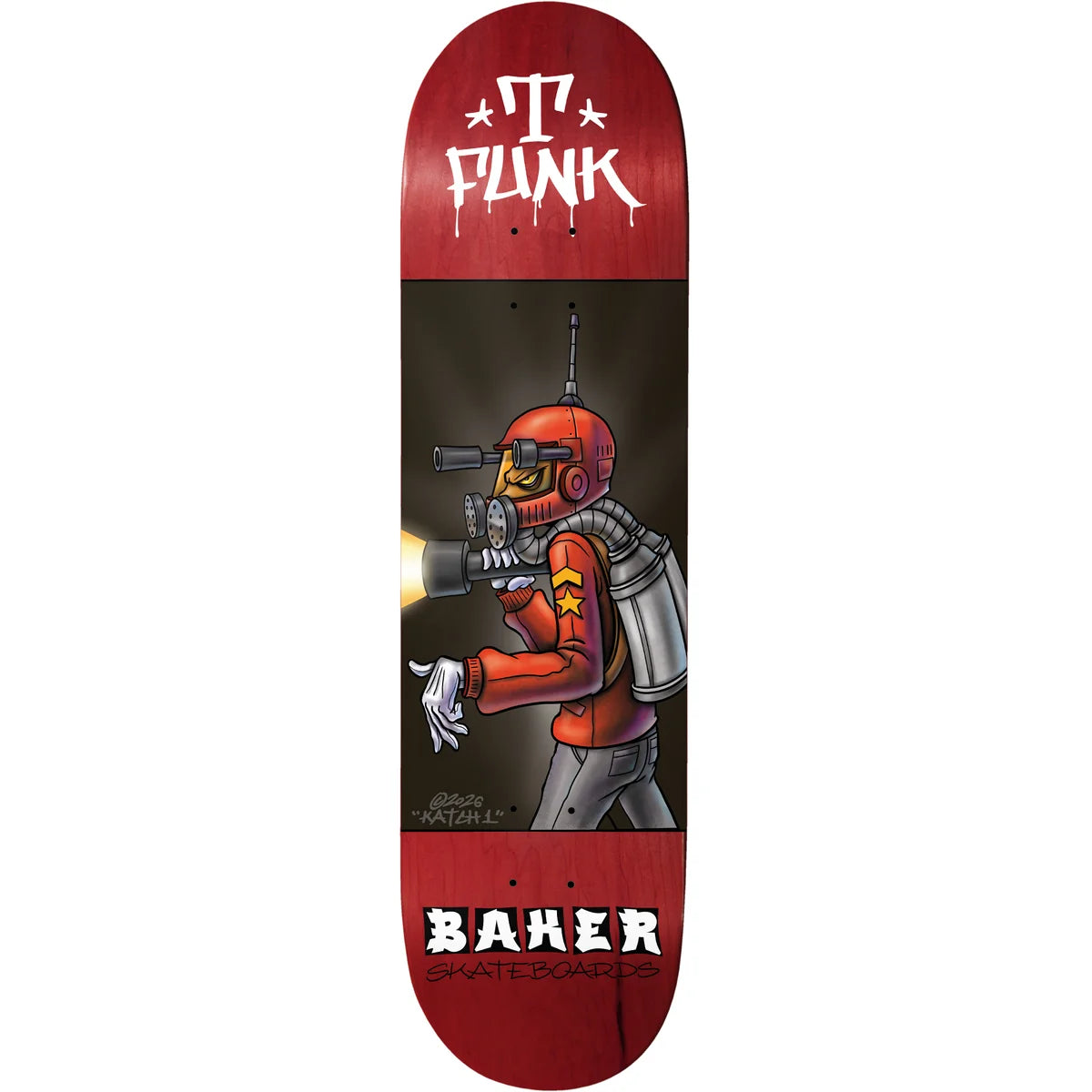 A skateboard deck shown vertically against a plain white background. The deck features a red top and bottom section with a dark gray center panel containing a detailed illustration of a robot in an orange helmet firing a weapon.