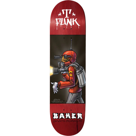 A skateboard deck shown vertically against a plain white background. The deck features a red top and bottom section with a dark gray center panel containing a detailed illustration of a robot in an orange helmet firing a weapon.