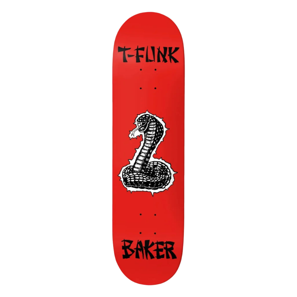 Red skateboard deck with a snake design and 'T-Funk' and 'Baker' branding on a white background