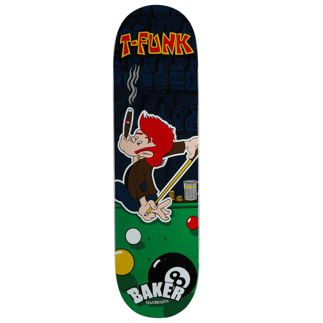 A skateboard deck featuring a graphic design with the text 'T-FUNK' at the top and 'BAKER skateboards' at the bottom. The artwork shows a cartoon character with red hair playing pool, with a green pool table and a black 8-ball at the bottom.