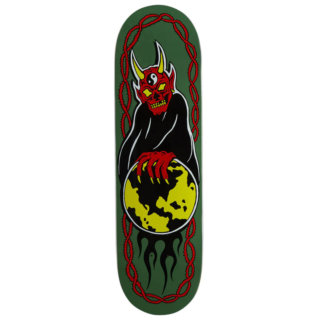 A skateboard deck featuring a dark green background with a central graphic of a red horned demon holding a yellow and black globe, framed by red chains and black smoke details.