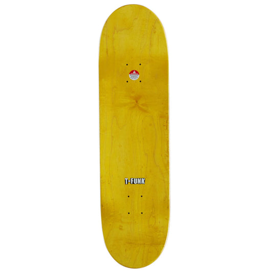 A yellow T-Funk skateboard deck with visible wood grain and the T-Funk logo near the bottom, shown against a plain white background.