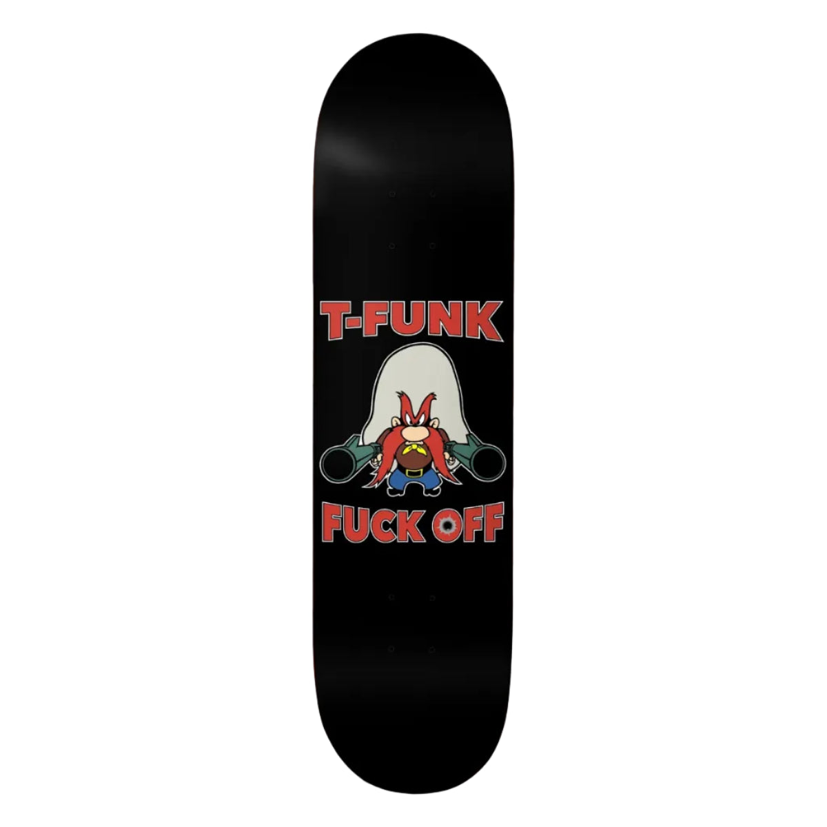 Black skateboard deck with T-Funk logo and text on a white background