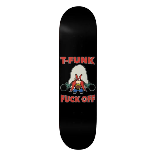 Black skateboard deck with T-Funk logo and text on a white background