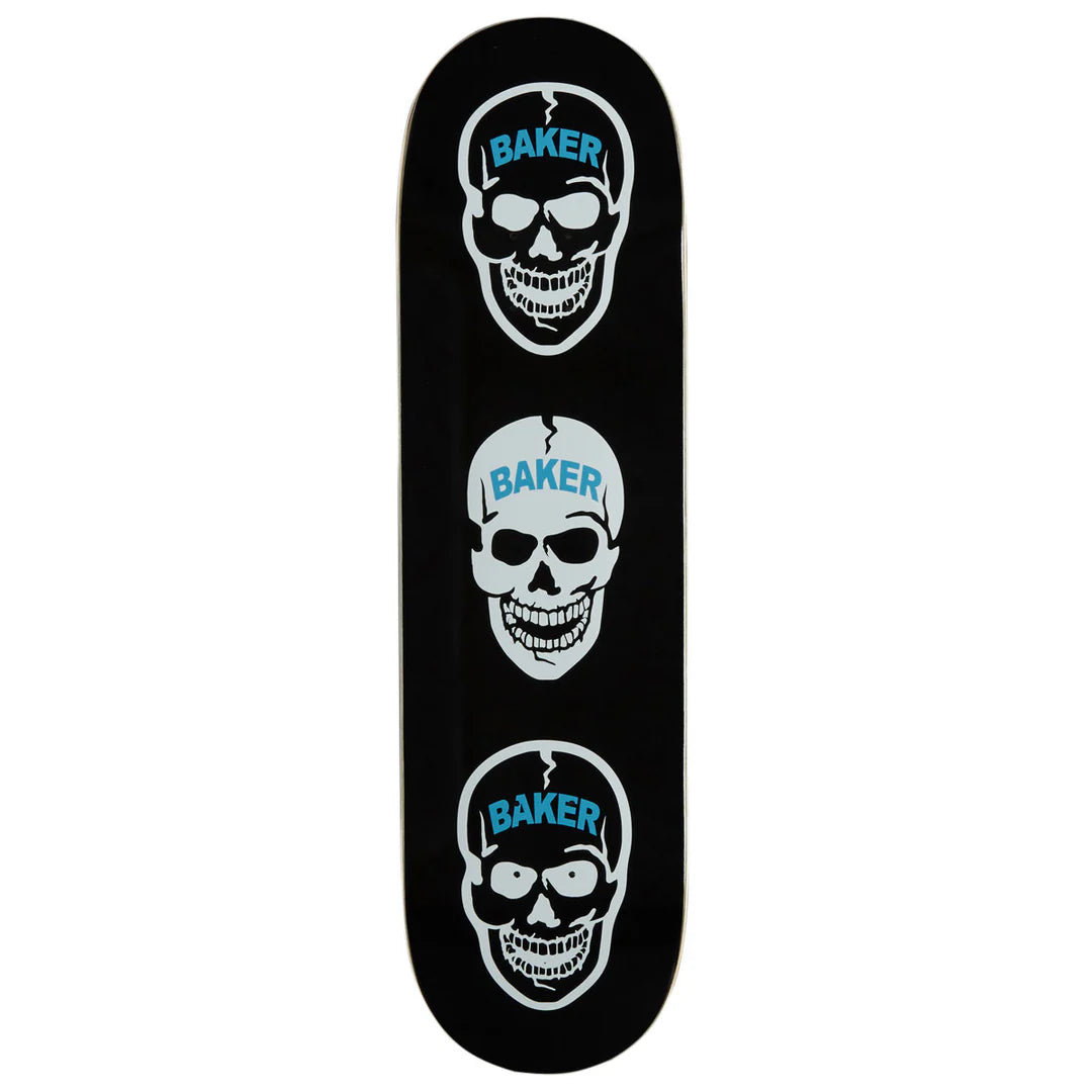 A skateboard deck with a black background featuring three vertically aligned white skull graphics, each with the word 'BAKER' in light blue above it.