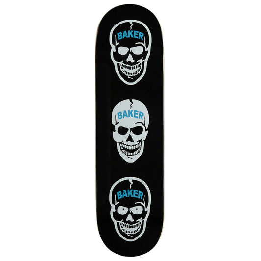 A skateboard deck with a black background featuring three vertically aligned white skull graphics, each with the word 'BAKER' in light blue above it.