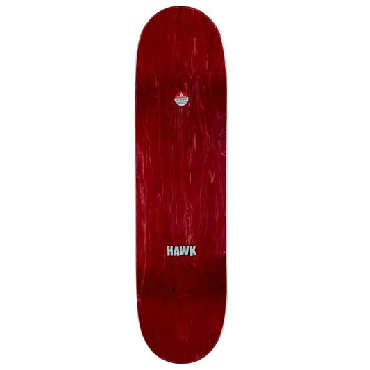 A long, narrow skateboard deck shown upright against a plain white background. The deck has a glossy dark red finish with visible wood grain texture and a small white HAWK logo near the bottom.