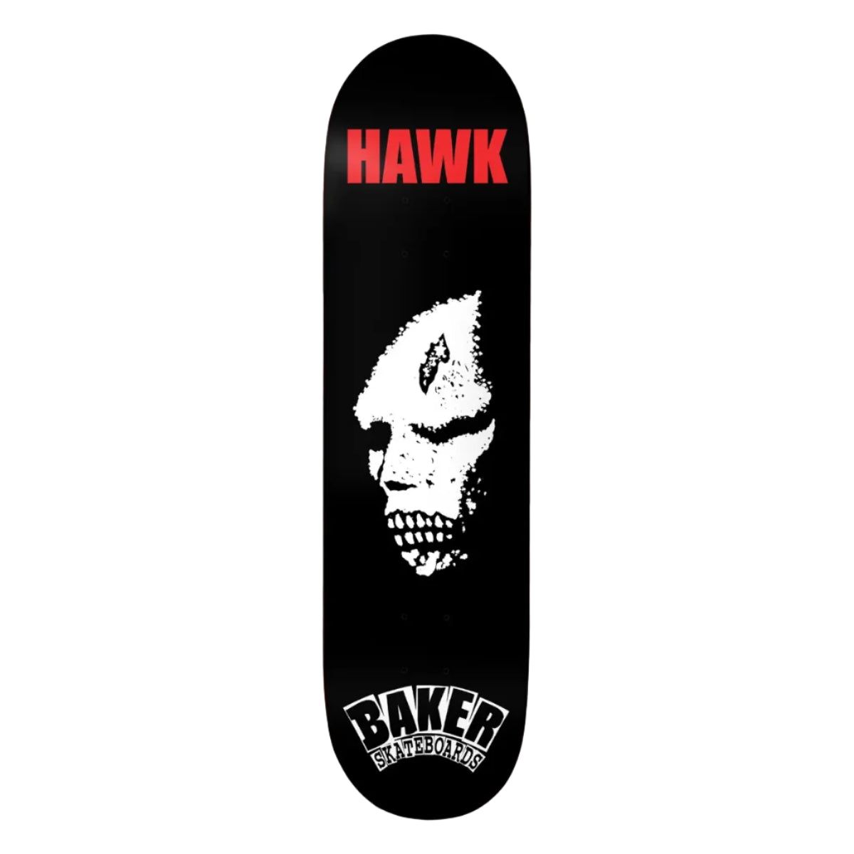 Skateboard deck with 'Hawk' and 'Baker Skateboards' logos on a white background