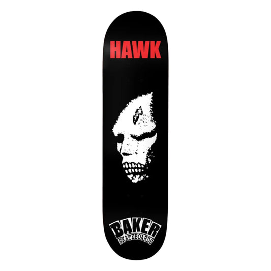 Skateboard deck with 'Hawk' and 'Baker Skateboards' logos on a white background