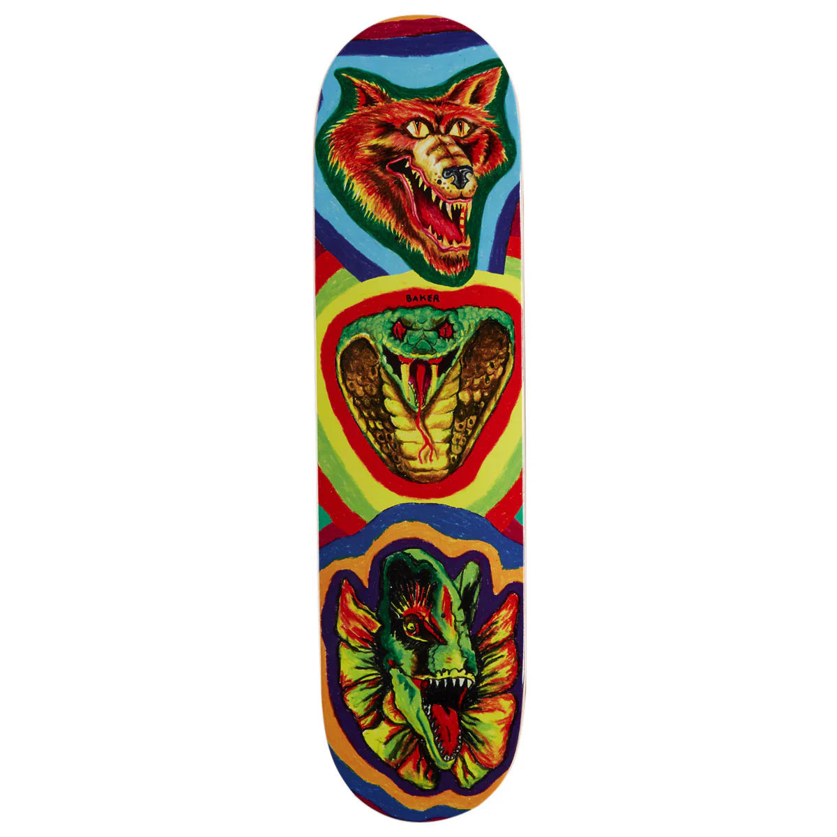A skateboard deck featuring a vibrant, psychedelic trippy design with three stacked animal heads: a snarling wolf at the top, a cobra snake in the middle, and a green frog at the bottom, all set against wavy multicolored stripes.