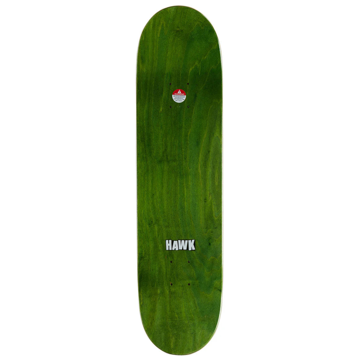 A green wooden skateboard deck with visible wood grain, featuring a small red and white logo near the top and the word 'HAWK' in white near the bottom, shown against a plain white background.