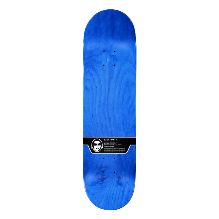 Blue skateboard deck with a brand logo on a white background