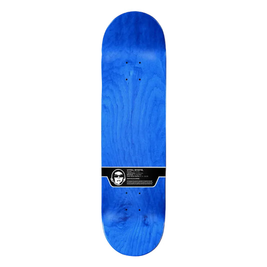 Blue skateboard deck with a brand logo on a white background