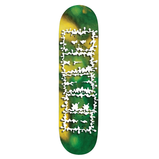 Skateboard deck with a green and white pattern on a white background