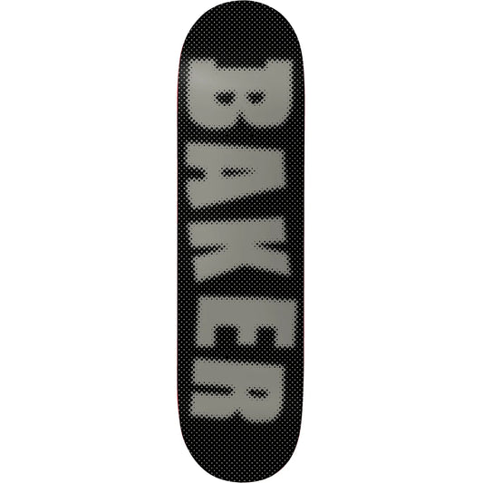 A skateboard deck grip tape featuring the word 'BAKER' printed vertically in a light gray halftone font on a black background.