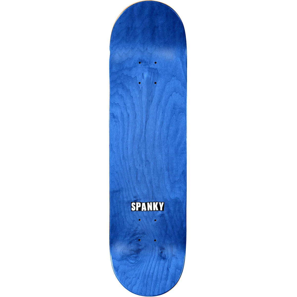 A blue skateboard deck with a prominent wood grain pattern and the brand name 'SPANKY' printed in white with a black outline near the bottom center, shown against a plain white background.