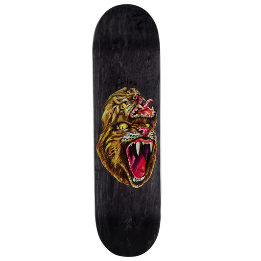 A skateboard deck with a black wood-grain finish featuring a large graphic of a roaring tiger with a red dragon head on its forehead, shown against a plain white background.