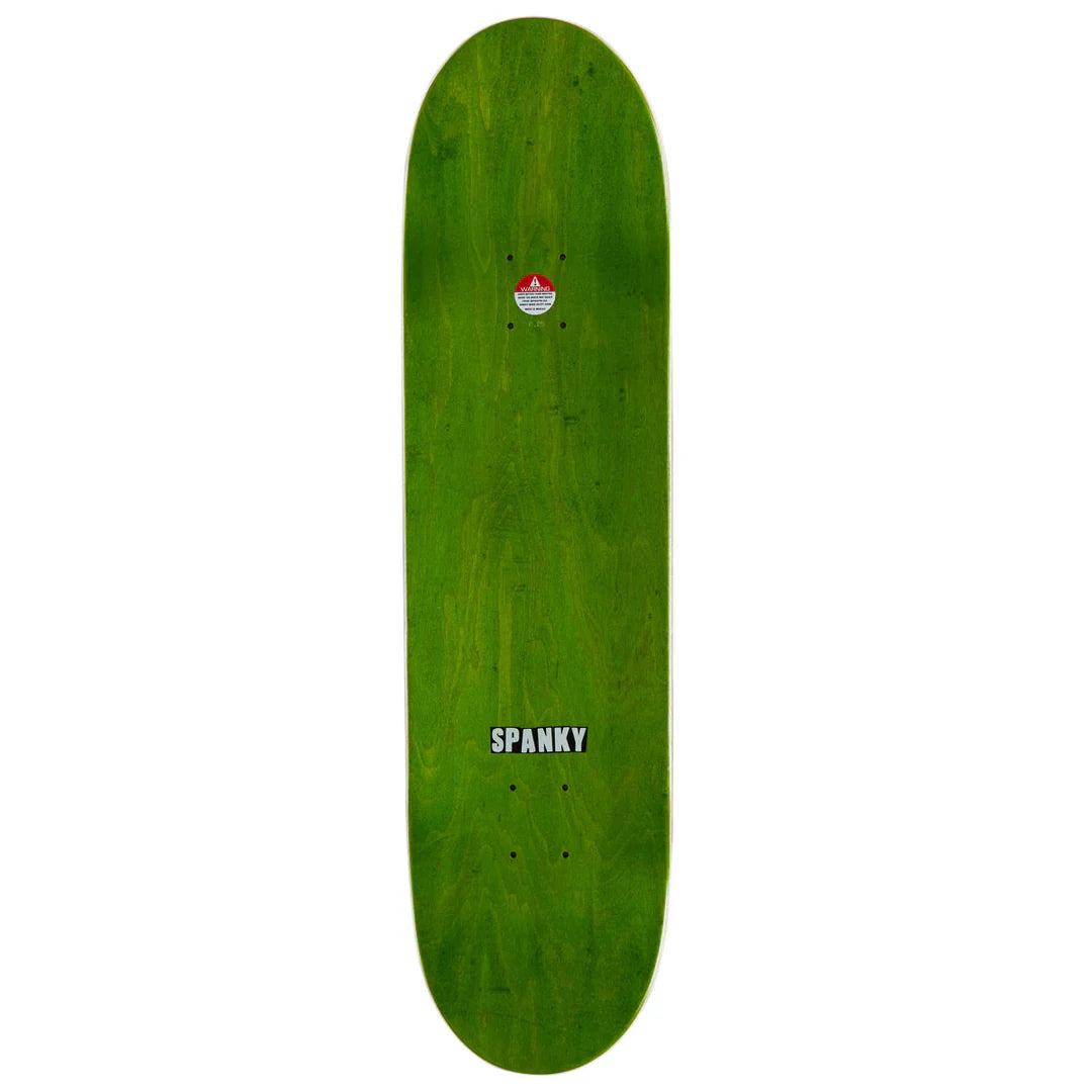 A green wooden skateboard deck with the brand name 'SPANKY' printed in white near the bottom, shown against a plain white background.