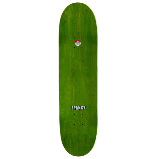 A green wooden skateboard deck with the brand name 'SPANKY' printed in white near the bottom, shown against a plain white background.