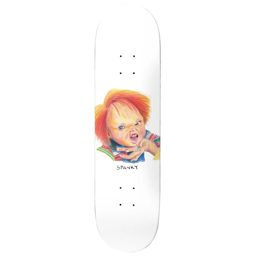 Skateboard deck with a graphic of a doll and the word 'Spanky' on a white background