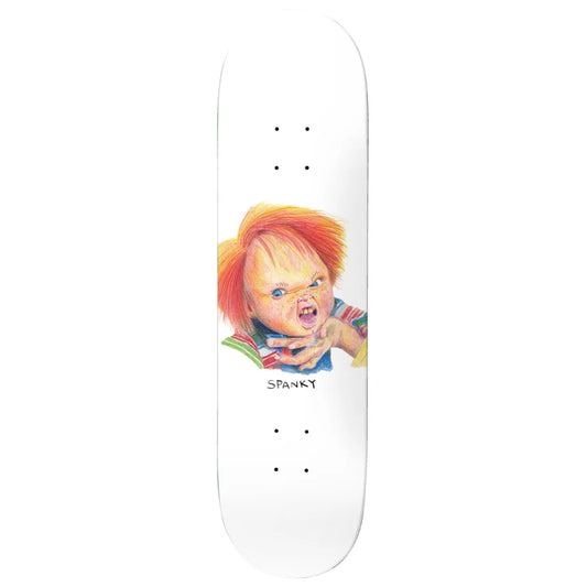 Skateboard deck with a graphic of a doll and the word 'Spanky' on a white background