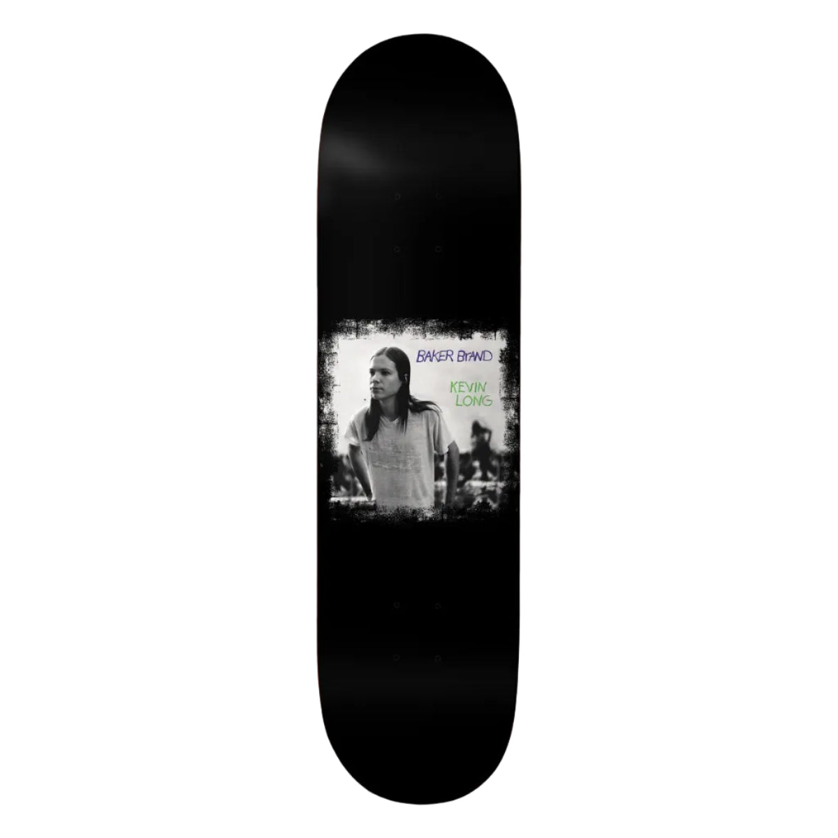 Skateboard deck with a black and white photo of a person on a white background